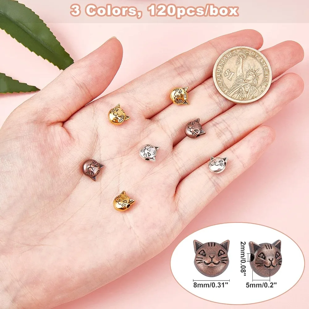 120pcs 3 Colors Cat Spacers Beads Kitten Loose Beads Animal Head Metal Beads for Earring Bracelet Necklace Jewelry