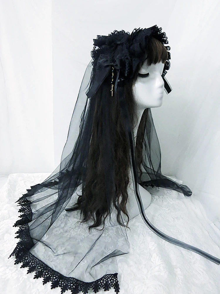 Handmade Gothic Lolita long veil headband Headwear bow hairband Retro Women Cosplay Accessory