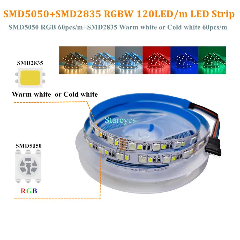 SMD5050 + 2835 120LED/m 5m DC24V RGBWW RGBW IP20 IP65 IP67 LED Strip DC12V DC24V RGBCCT LED Flexible Ribbon Tape Rope Light