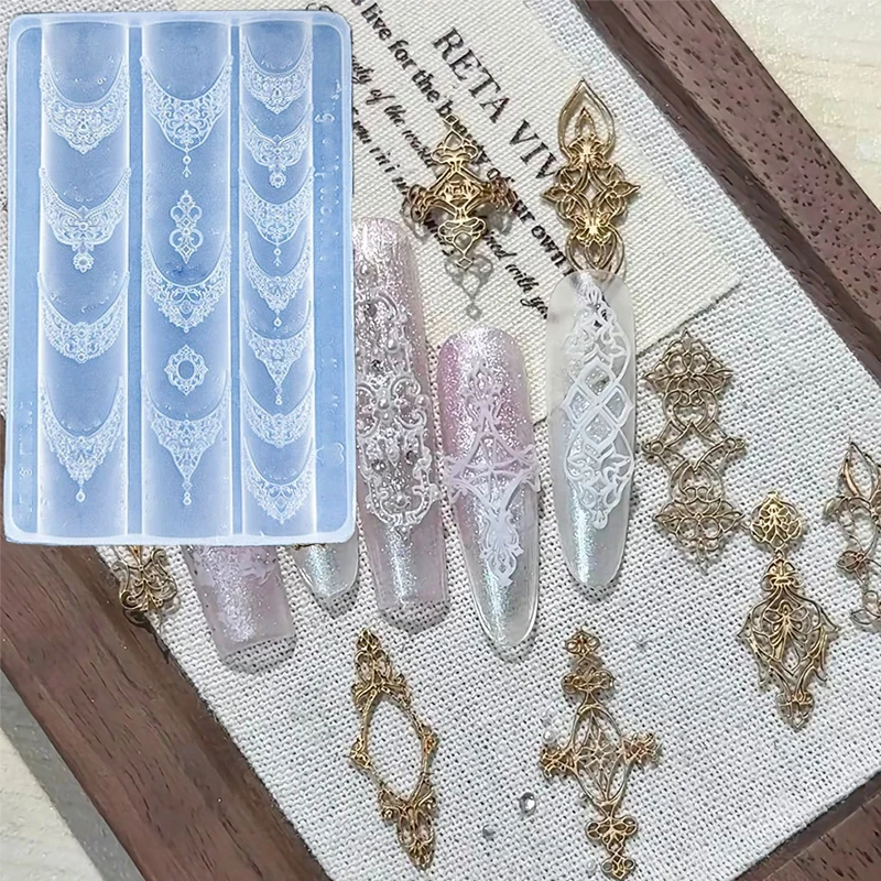 1pc 3D Silicone Nail Art Mold European Style Retro Patterns Necklace Gemstone Design Decoration DIY Transparent Manicure Templat