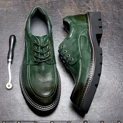 Vintage Platform Men's Genuine Leather Dress Shoes Luxury Handmade Autumn Designer Green Black Wedding Social Derby Shoes Man