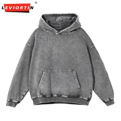 Retro Men Heavyweight 350gsm Hoodies Sweatshirts Streetwear Unisex Loose Washed Cotton Hooded Sweaters Coat Hip Hop Outwears