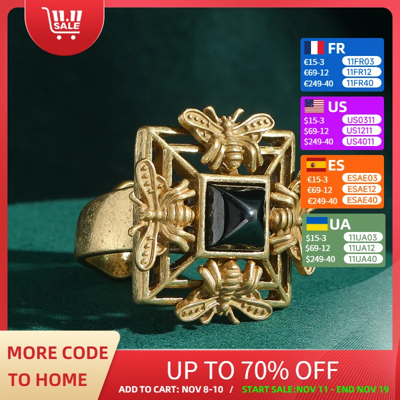 

Vintage Gold Color Square Bee Rings Palace Accessories Finger Black Glass Antique Jewelry Summer Engagement for Women New 2025