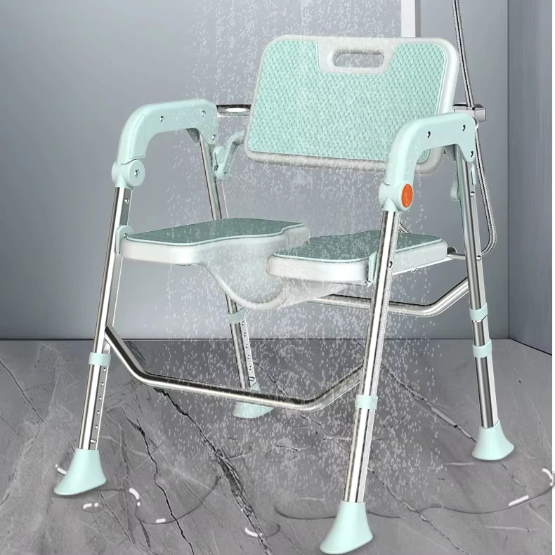 Foldable Adjustable Aluminum Alloy Commode Shower Chair, 150kg Ergonomic Rehabilitation Seat, Anti-Slip Safety for Elderly