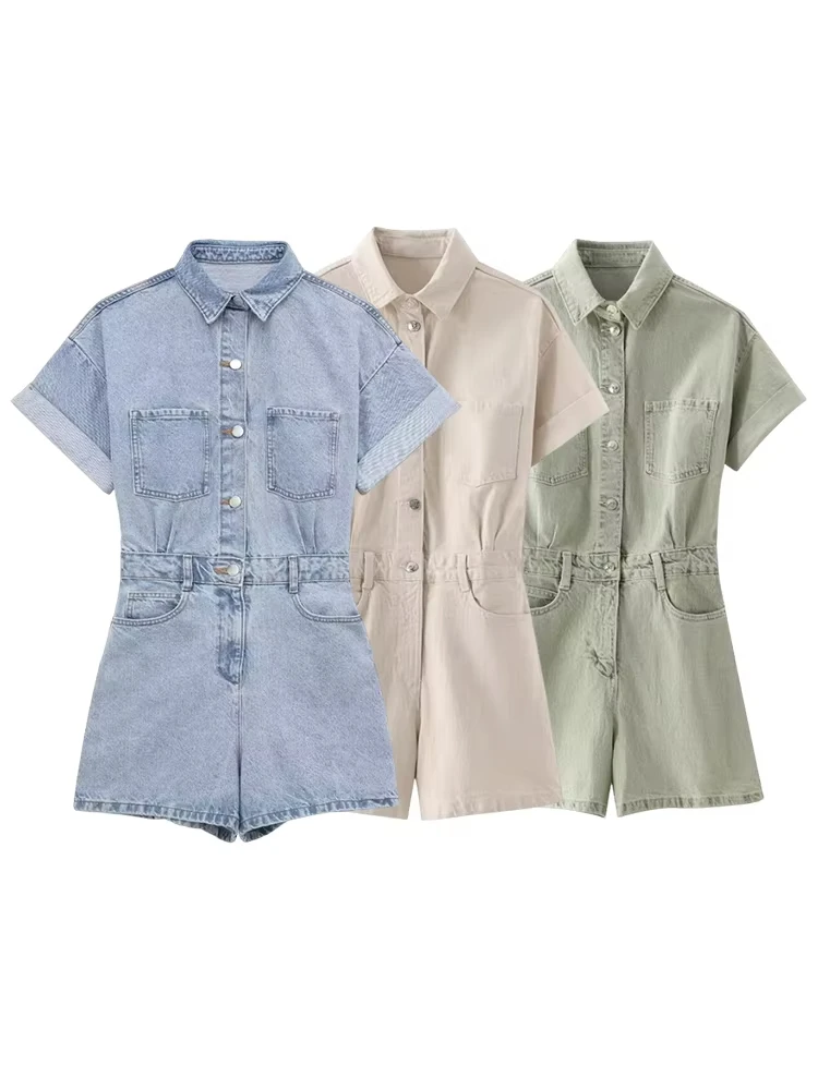 

Женский короткий джинсовый комбинезон, новая мода, уличный комбинезон с талией Y2K, однотонный комбинезон с короткими рукавами и лацканами, топ