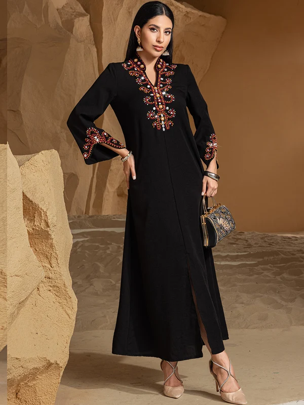 엘레 블라 비즈 장식 브이넥 미디 드레스 빈티지 스타일 휴가복 중동 여성 패션 3/4 길이 A라인 드레스