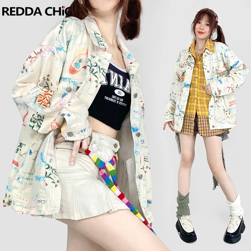 

REDDACHiC Demi-season Graffiti Denim Bomber Jacket Women Windbreaker Casual Long Sleeves Oversized Top Vintage Y2k Statue Outer