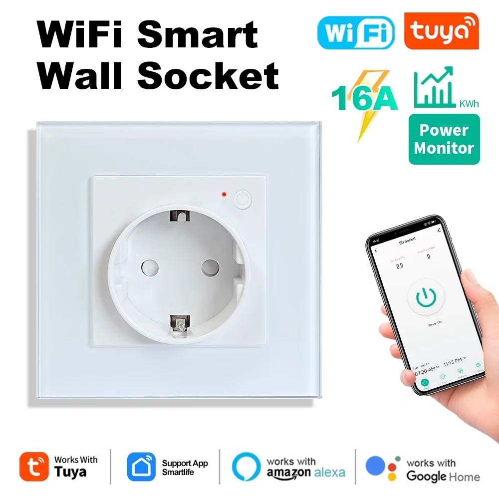 

16A EU Smart Wi-Fi Настенная розетка с монитором энергии Функция управления голосовым временем Работа с Tuya Smart Life Google Home Alexa