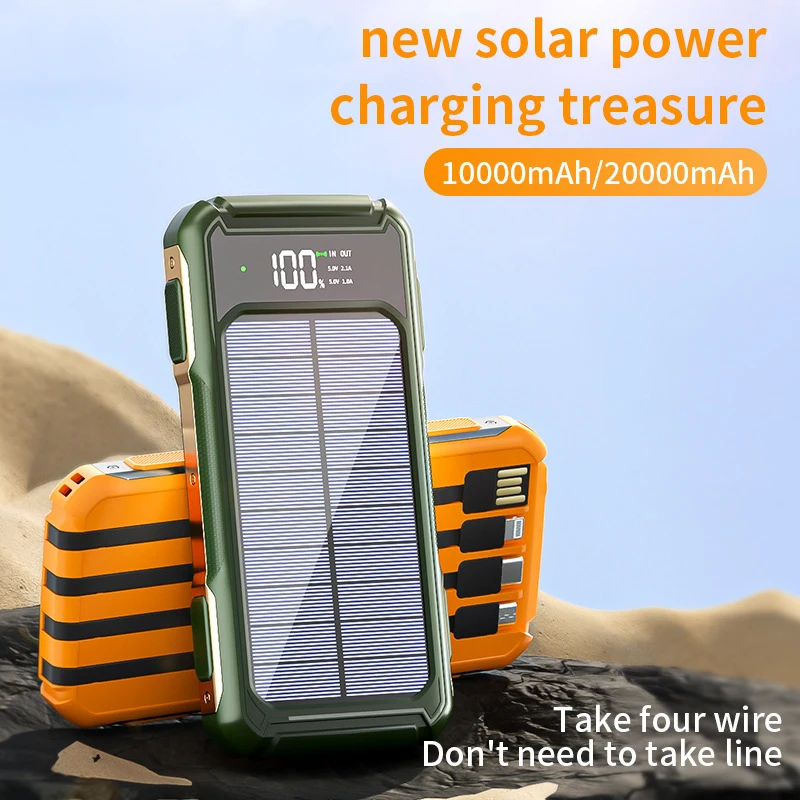 10000/20000mAh Three defenses Portable large capacity solar power bank with 3 charging cable SOS laser light high powerbank USB