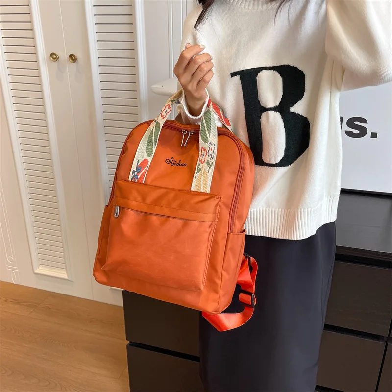 

Nylon Fabric Fashion Backpack For Women Floral Hand Strap Pure Color Large Capacity Travel Bag Multi-pocket School Book Rucksack