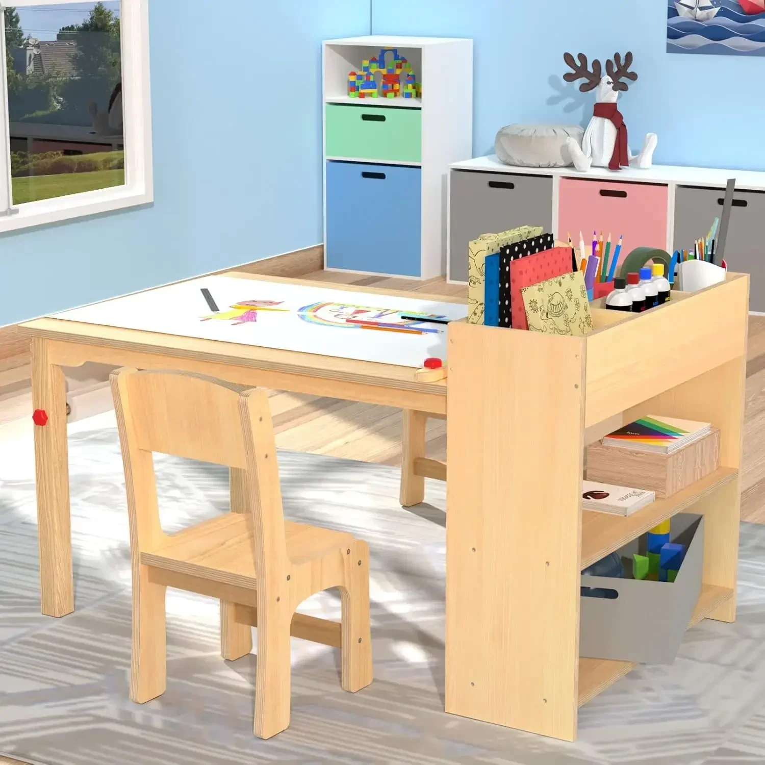 Kids Art Table and 2 Chairs, Wooden Drawing Desk, Activity & Crafts, Children's Furniture, 42x23