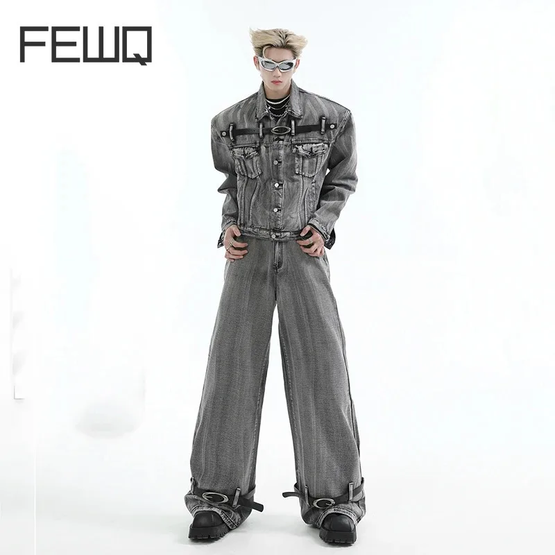 FEWQ Niche Vintage Metal Decoration Design Jacket High Street Straight Jeans 2024 Long Sleeve Streetwear Male Sets 24E1936