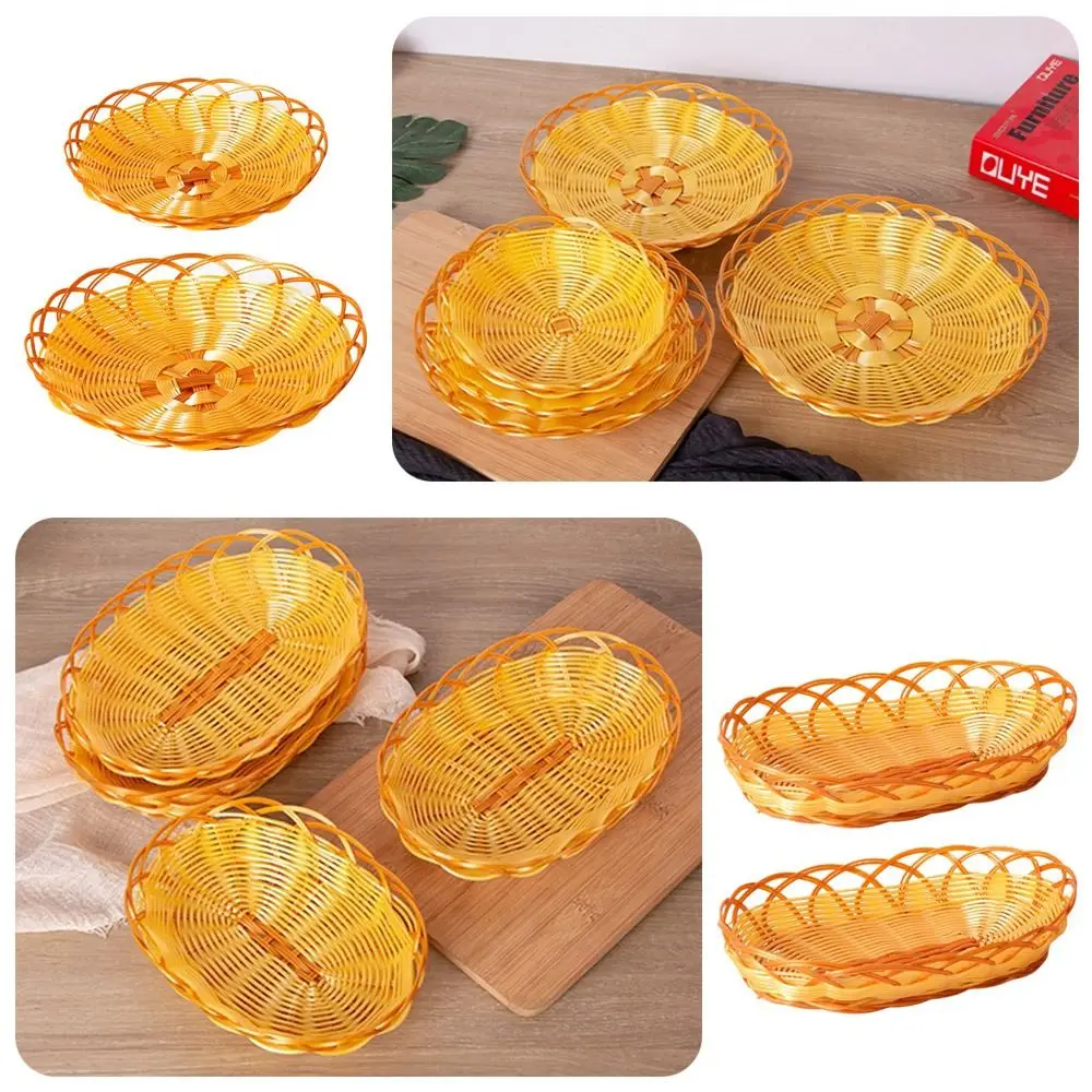 New Plastic Imitation Rattan Basket Round Woven Food Plate Bread Basket Breakfast Cake Snack