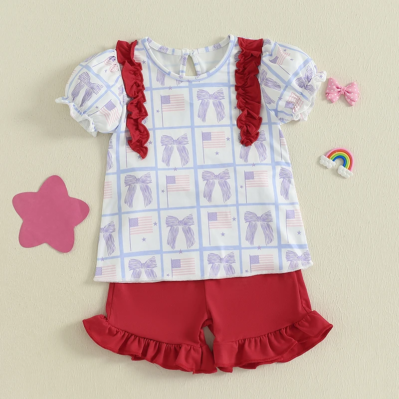 Cute Baby Girl Independence Day Outfit Top senza maniche con volant con stampa bandiera americana e pantaloncini di jeans Set da 2 pezzi per la festa estiva