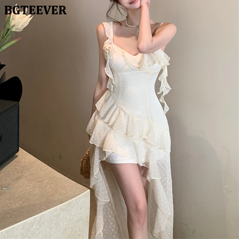 

BGTEEVER Stylish V-neck Female Spaghetti Strap Package Hip Dress Summer Elegant Slim Waist Ruffles Ladies Irregular Skinny Dress