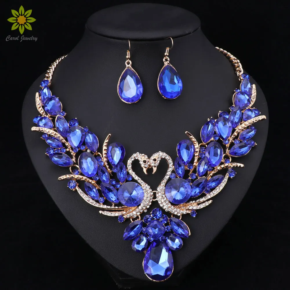 Crystal Bridal Jewelry Sets Gold Color Swan Pendant Necklace Women Gift Party Wedding Prom Necklace Earring Accessories