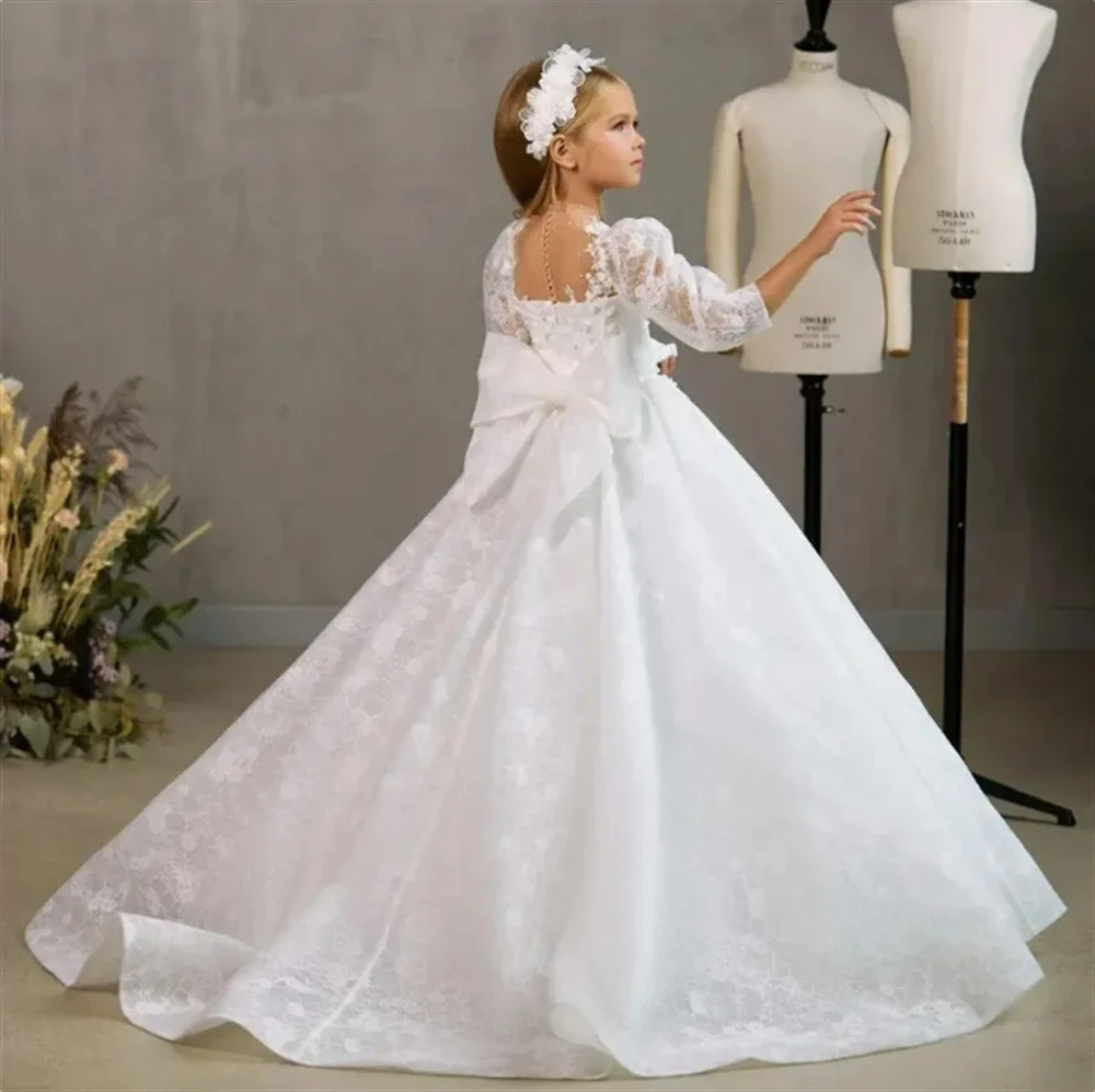 Robe de fille en tulle moelleux blanc avec appliques en dentelle, fleur de luxe, robe de fête d'anniversaire pour enfant, cadeau de mariage, première main, chariste