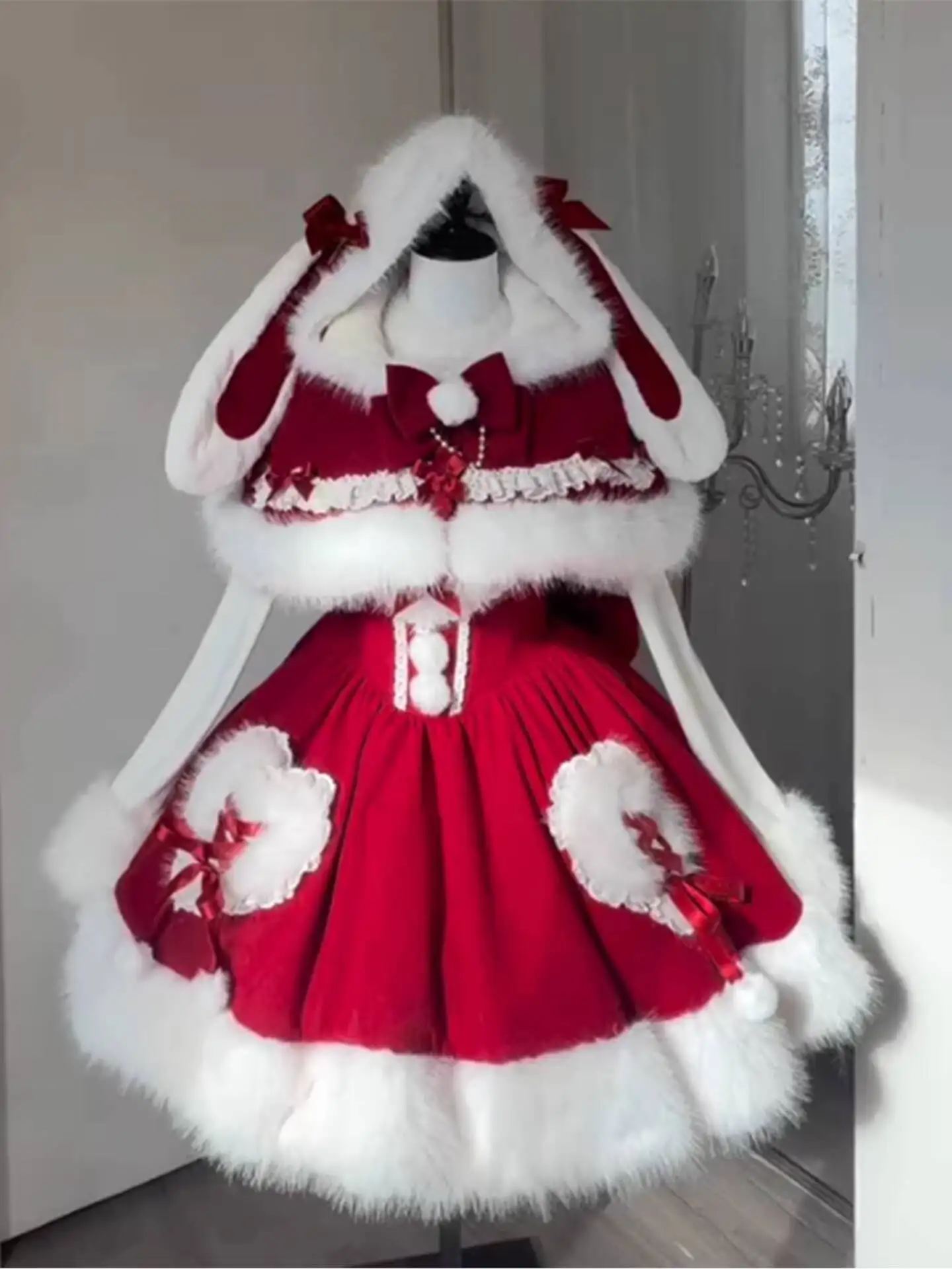

Cute Snowy Strawberry Rabbit Plush Cape with Bunny Ears, Adorable Lolita Dress for Christmas and New Year Outfits