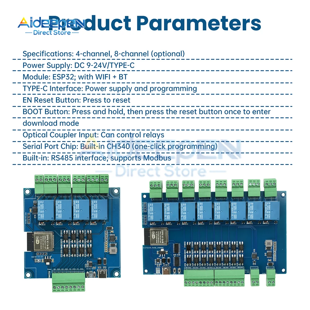 تيار مستمر 9-24 فولت ESP32 وحدة التتابع مع Modbus دعم 4/8 قناة Optocoupler عزل RS485 واي فاي بلوتوث لوحة تحكم صناعية