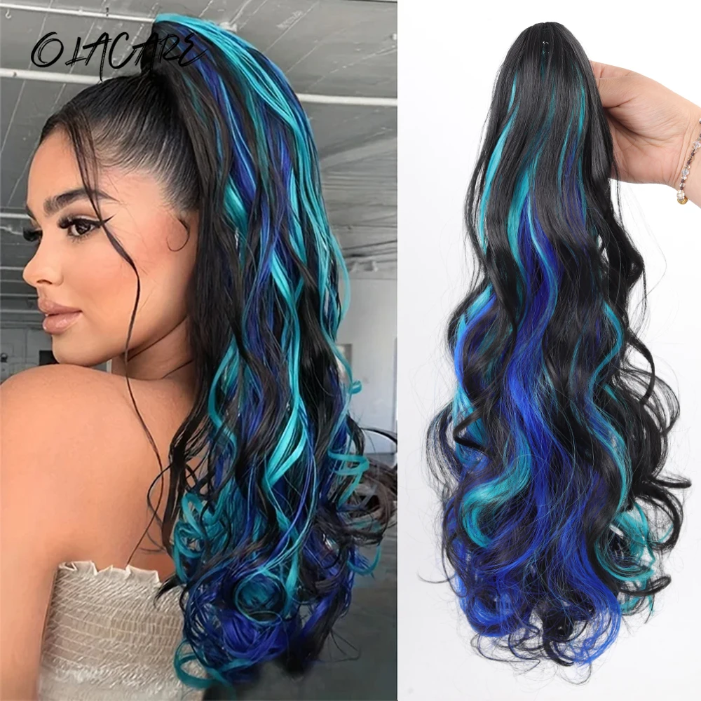 OLACARE 18Inch Synthetic Long Curly Ponytail Claw Clip in Hair Extension Mixed Blue Red Hairpiece for Women