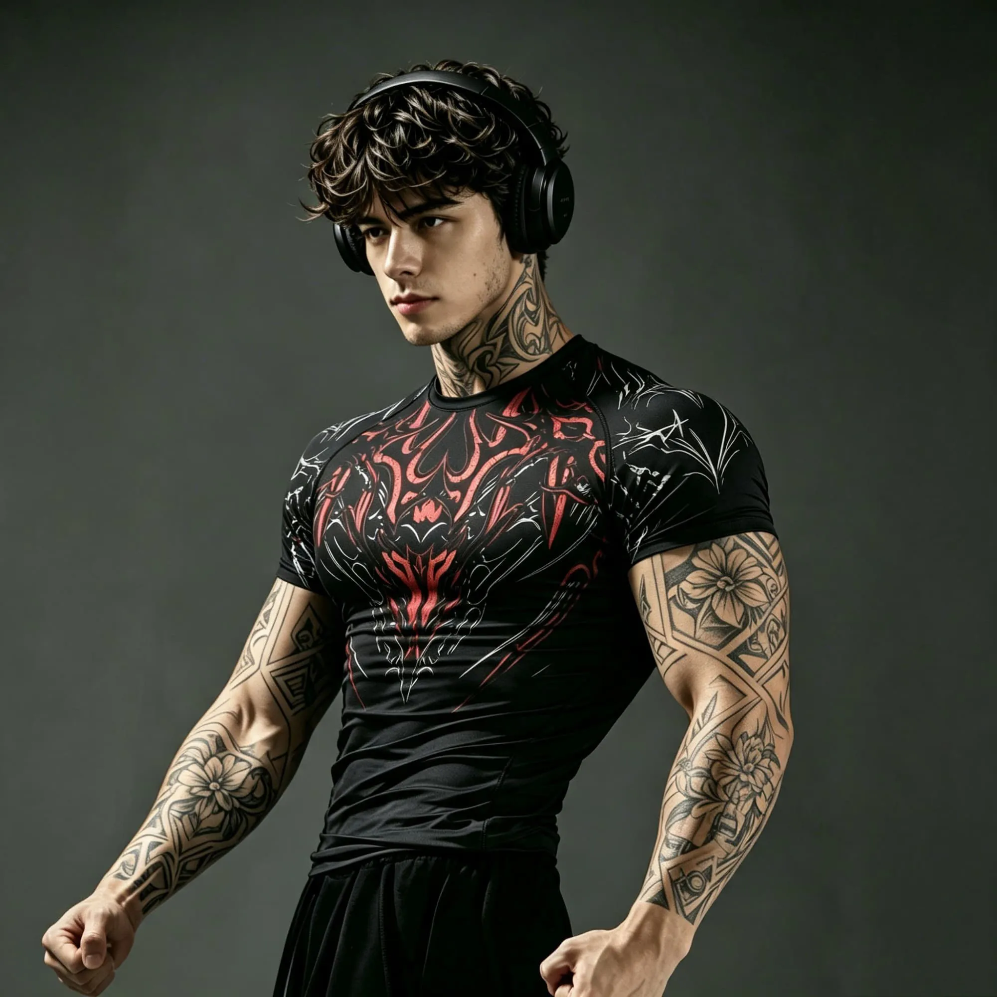 Men Gothic Abstract Print Compression T-Shirt Quick Dry Elastic Short Sleeve Gym Bodybuilding Workout Athletic Sport Top