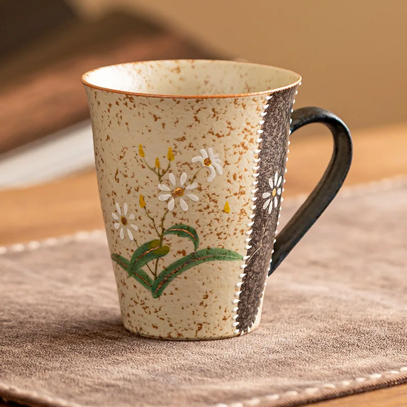 HYS blue and white flint red ceramic mug gold-painted hand-painted small daisy Coke cup high-end household drinking cup