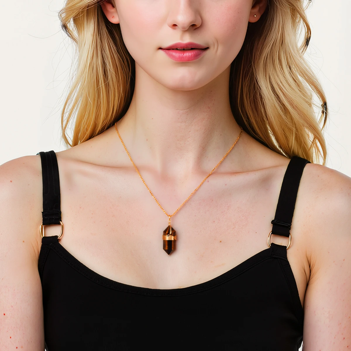 

JD Natural Stone Amethyst Quartz Hexagon Column Pendant Necklace Women Fashion Stainless Steel Chain Choker Jewerly Party Gift