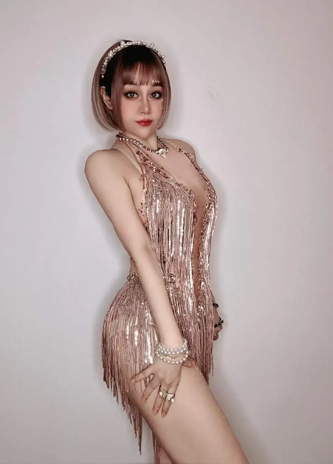 Body de Reina con flecos de diamantes de imitación para mujer, trajes de espectáculo de actuación, baile blanco brillante