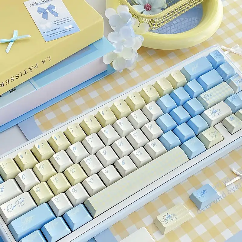 Xiya feijão pbt altura original cinco lados sublimação quente keycap leite azul leite amarelo pequeno conjunto completo