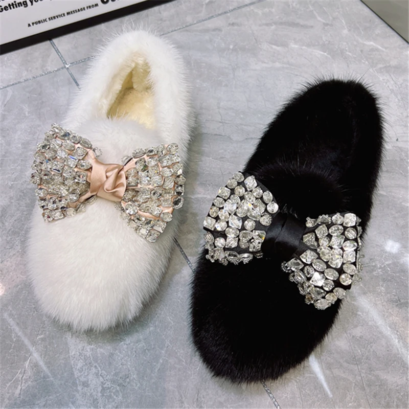 Crystal Bowknot Women Flats Casual White Moccasins Ladies Driving Shoes Winter Warm Mink Fur Creepers Zapatos Mujer Loafers