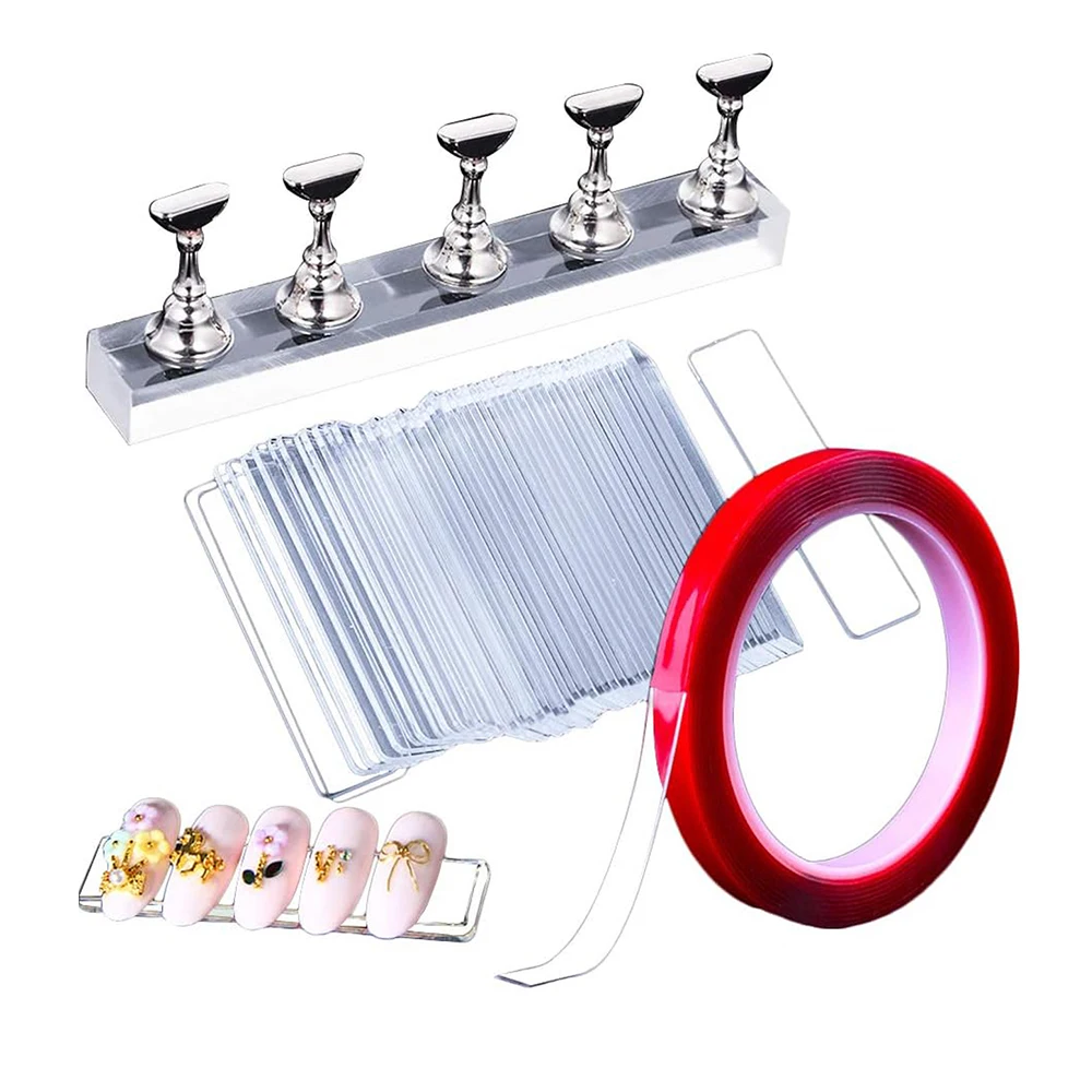 

5 шт. магнитный держатель для ногтей, тренировочная подставка для накладных ногтей, хрустальная основа с 10 шт. полосой дисплея и 1 рулон двусторонней клейкой ленты