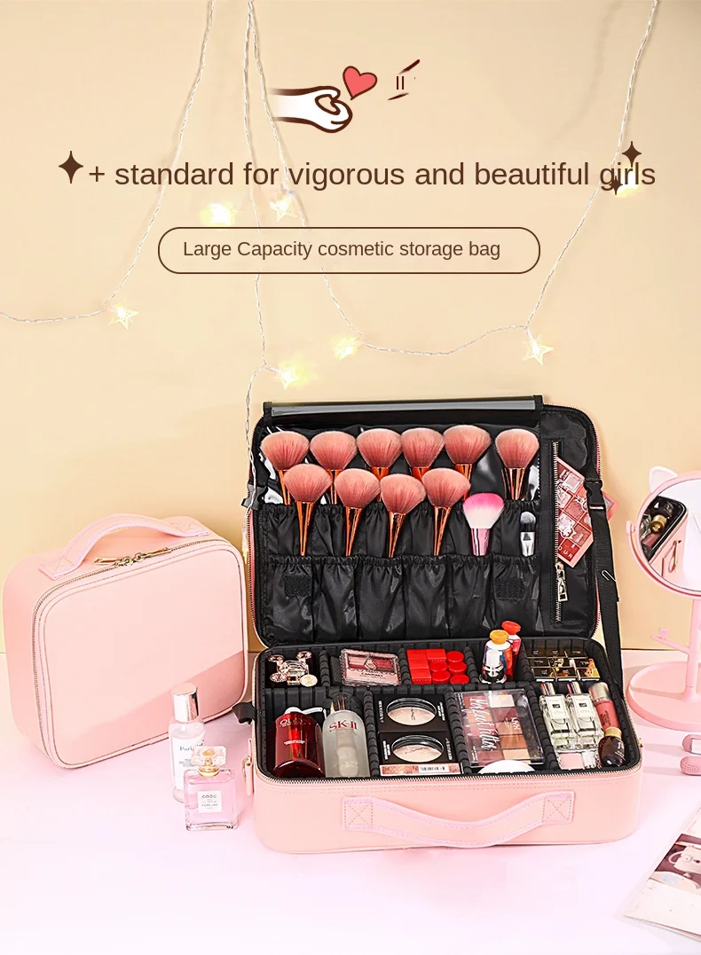 Pink Cute Girly Heart Makeup Bag Women's Portable Large Capacity Multi-Functional Simple Makeup Artist Bag