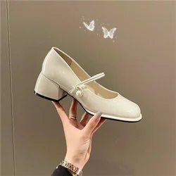 Ladies Summer Footwear Mary Jane Shoes for Women 2024 with Medium Heels Japanese Style Lolita Pearl Square Toe Gothic White Y2k