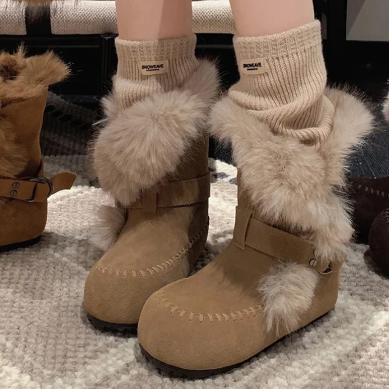 

Fur Women Snow Boots Flats Designer Suede Warm Shoes Short Plush 2025 Winter Fashion Cotton Shoes Comfort Walking Mujer Botas