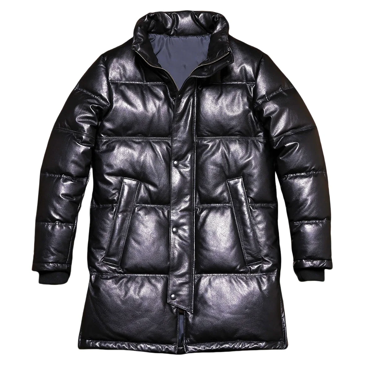 Black Long Winter Leather Jacket Men Casual Style Plus Size 5XL Genuine Natural Cowhide Stand Collar Thick Warm Down Coat