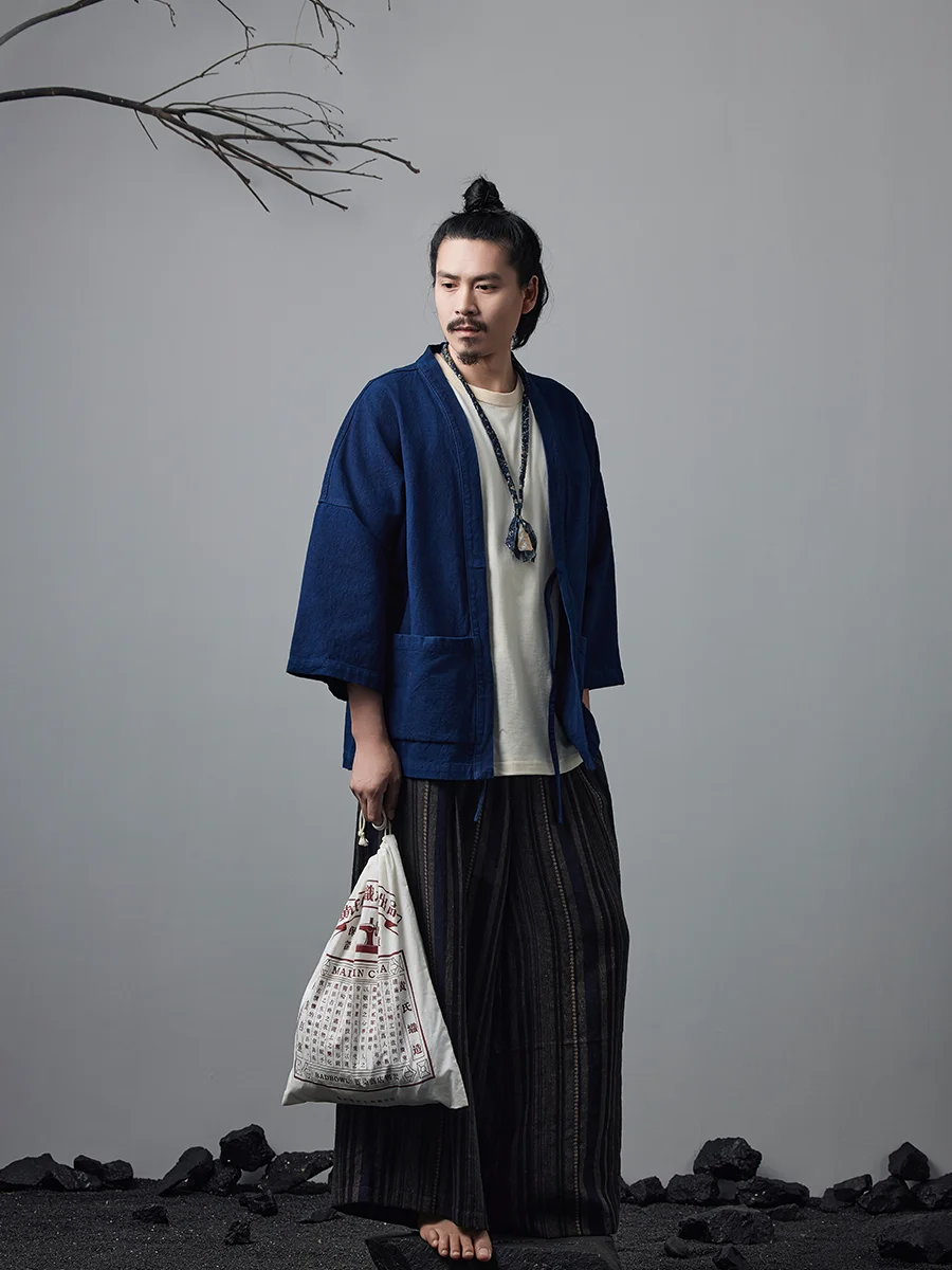 

Indigo Plant Blue Dyed Robe 380g Cotton And Linen Fabric Casual Jacket Japanese Retro Shirt Shoulder Robe
