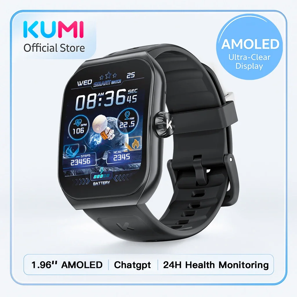 KUMI KU7 Smartwatch 1,96" AMOLED, assistente vocale AI, chiamata Bluetooth, avviso SOS, oltre 100 sport, monitor sanitario