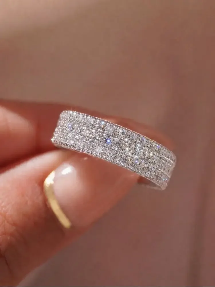 Classic Simply Gypsophila Zircon Three Layers Band Ring For Women Engagement Wedding Party Daily Wear Luxury Trendy Jewelry