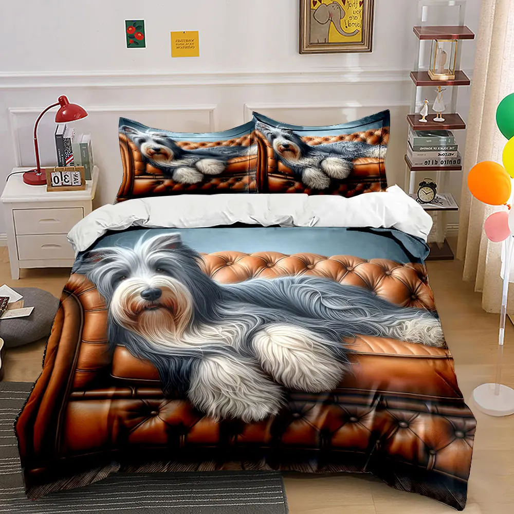 Fluffy dog lounging on leather sofa Pattern Duvet Cover Set Digital Print Colorful Polyester Bedding with Zipper Closur