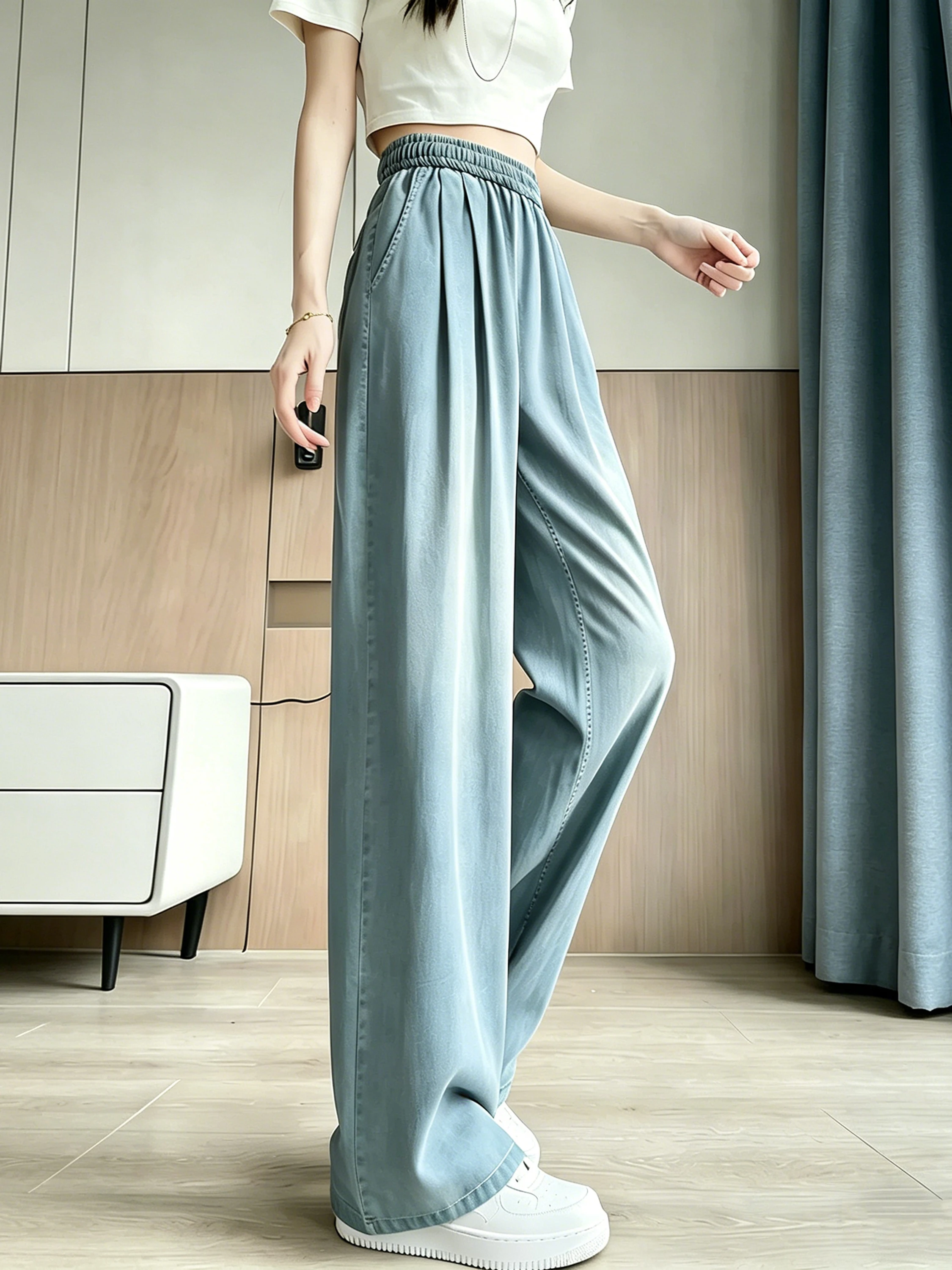 

Light Blue Ice Silk Ultra Soft Wide Leg Denim Jeans Women Summer Elastic Waist Straight Loose Drapey Floor Length Lyocell Pants