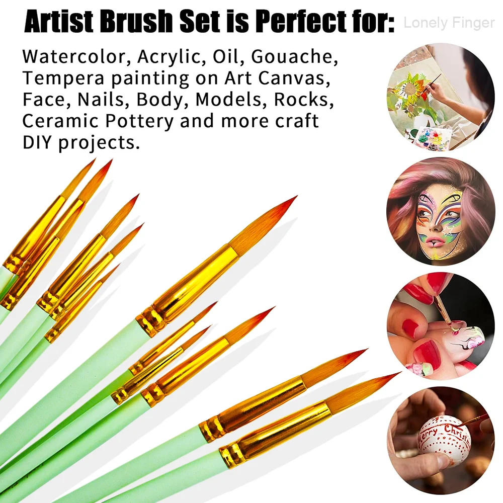 Professional 12PCS Round Painting Artist Paint Brush for Acrylics Water Color Oil Gouache Ink