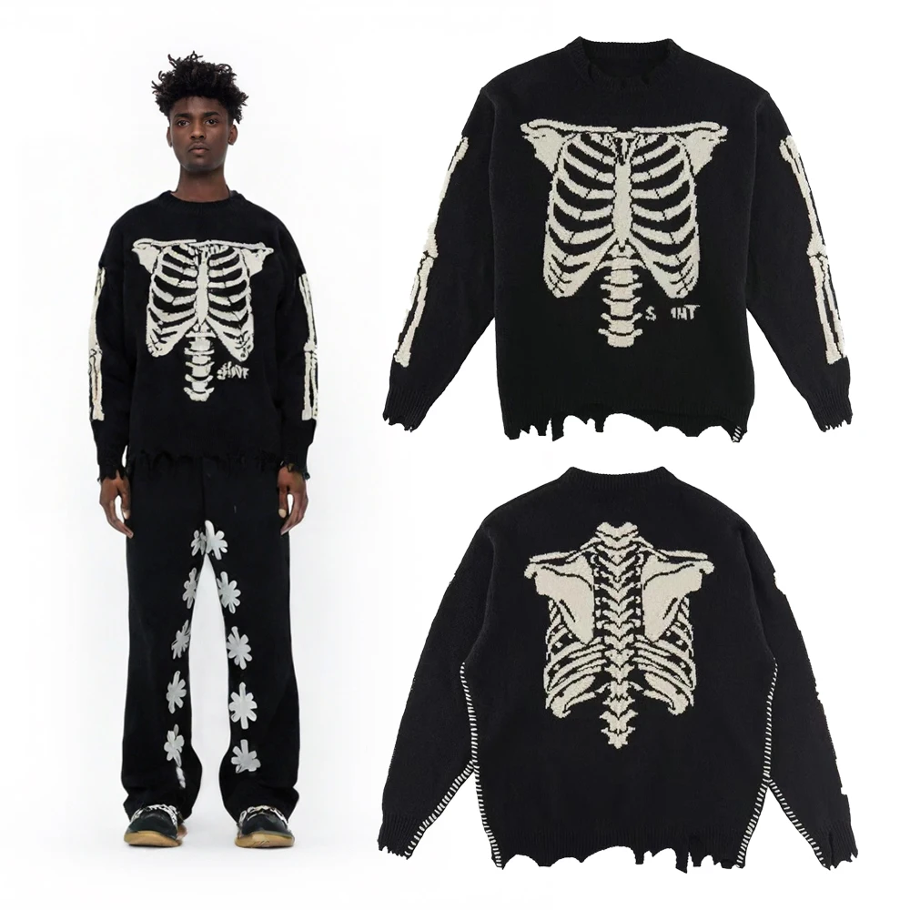 

Autumn Streetwear Clothing Men's Vintage Y2k Bone Pattern Round Neck Knit Sweater Street Style Cotton Casual Long Sleeve Sweater