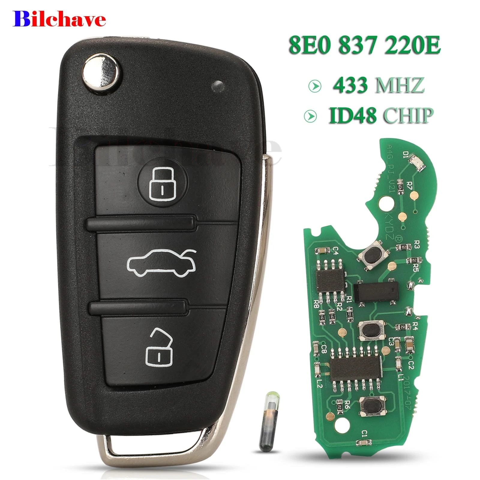 Jingyuqin 3 pulsanti per Audi A4 231G 2005 Fob 433 MHz ID48 Chip 8E 0837220 Sostituzione chiave telecomando intelligente pieghevole E Flip