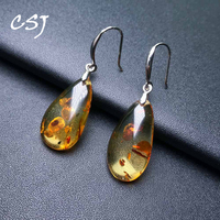 CSJ Natural Amber Dangle Earrings Sterling 925 Silver Gemstone Water Drop Cut for Authentic Women Birthday Party Jewelry Gift