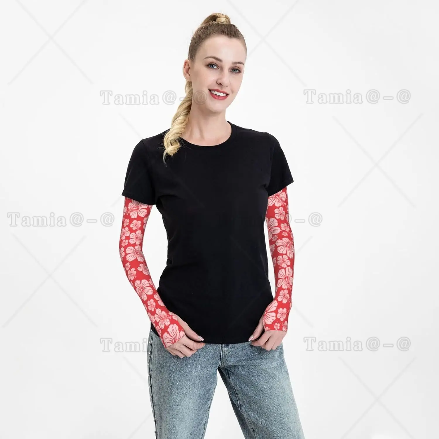 Mangas de brazo con estampado de flores de hibisco rojo, protección solar UV refrescante, deportes para hombres y mujeres, mangas de brazo de baloncesto y Golf