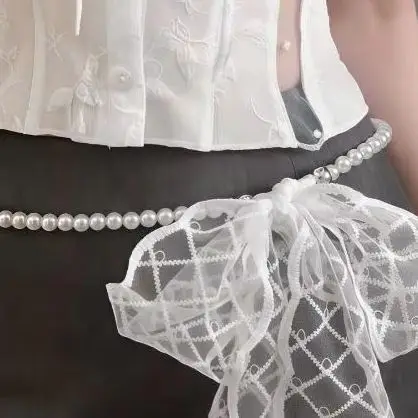 Elegant Long Bow Lace Belt Chain Women Pearl Tassel Waist Belt Decoration Knotted Chain Tie Up Dress Jeans Belt