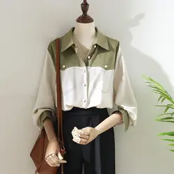 Femme Spring Summer Korean Fashion Button Color Blocking Polo Collar Women Shirts Simplicity Pocket Cotton Long Sleeve Top Tee