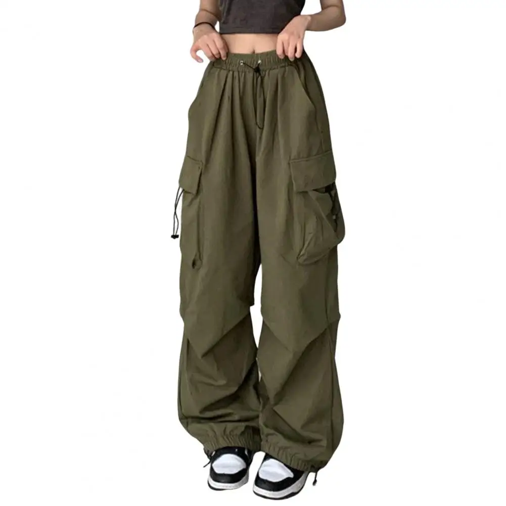 Loose Cargo Pants for Women Hip Hop Baggy Solid Color Multi Pockets Elastic Waist Breathable Lady Trousers Women