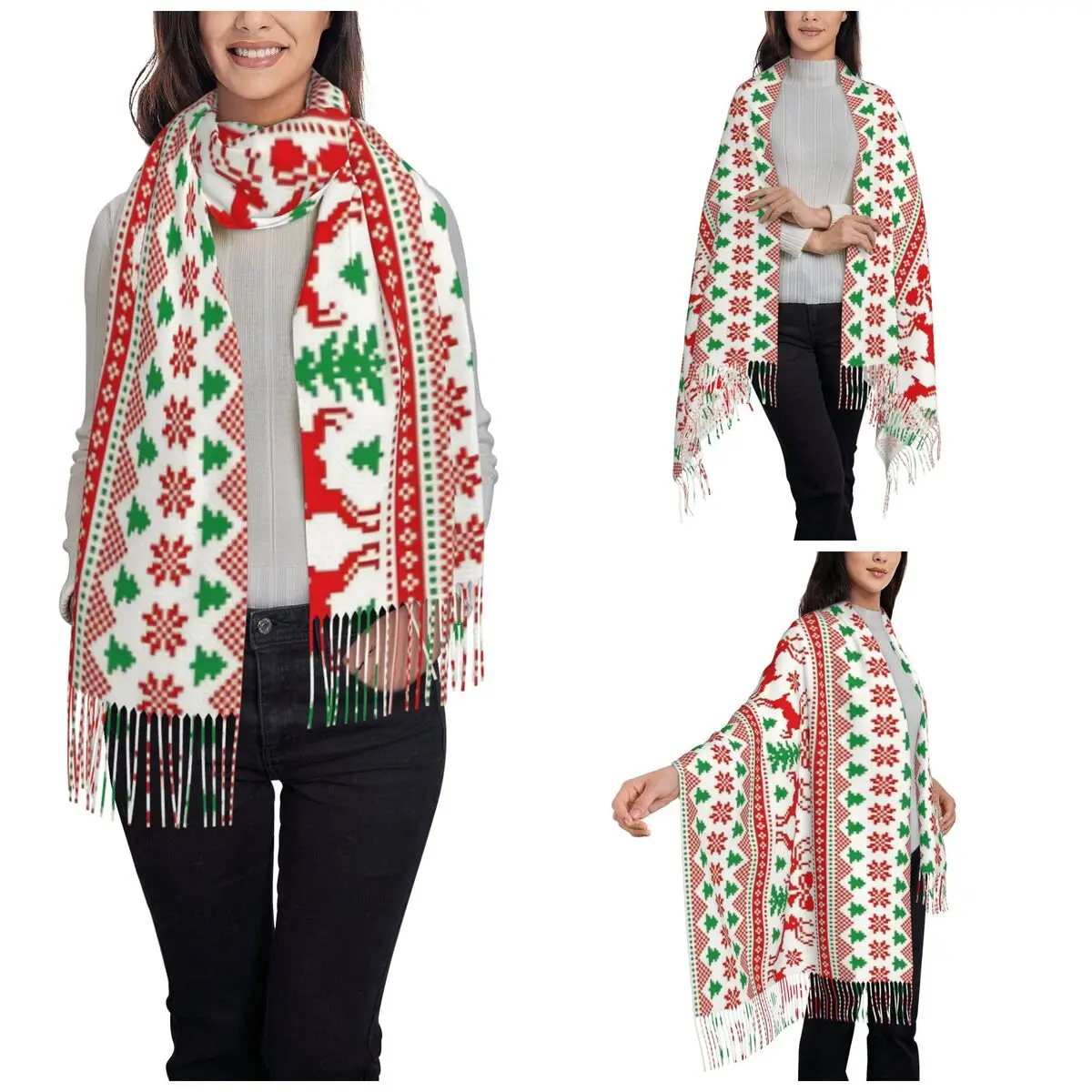 Christmas Reindeer Snowflake Deer Scarf for Women Warm Winter Pashmina Shawls and Wrap Single-sided Pattern Shawl Scarf
