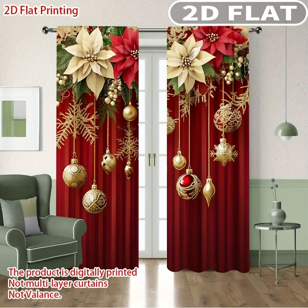 

2D FLAT 2pcs Curtains Christmas Flowers Ornaments Snowflakes Red Perfect for Bedroom, Living Room, Suitable for 4 Seasons